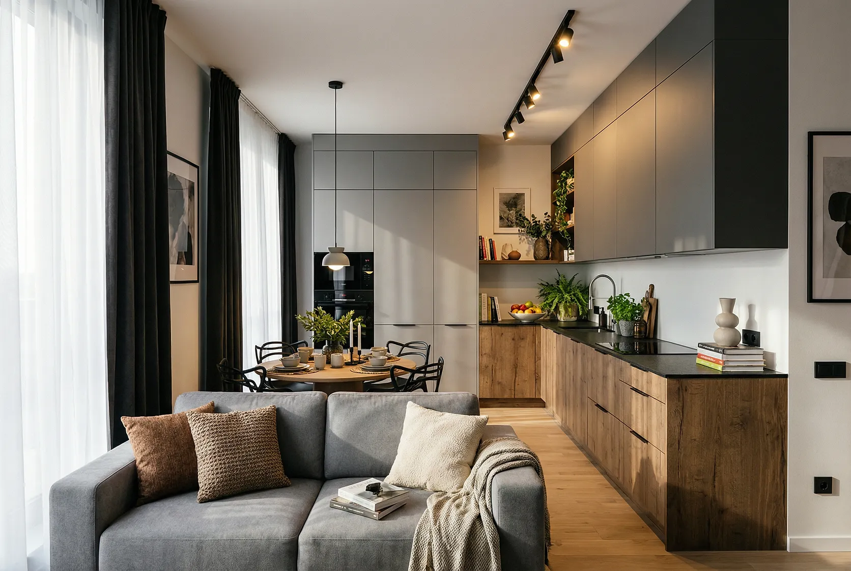 Salon z aneksem kuchennym w krakowskim apartamencie: dębowa zabudowa, czarny kamienny blat i światło z pełnej wysokości okien