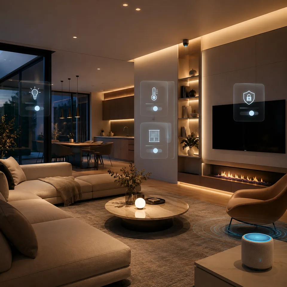 Nowoczesny salon z systemem smart home, scenami światła, sterowaniem temperaturą i roletami
